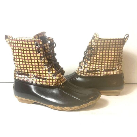 Sperry Top Sider Duck Mid Rain Boots Women's 9 Brown Saltwater Plaid Rubber Lace - Picture 1 of 12